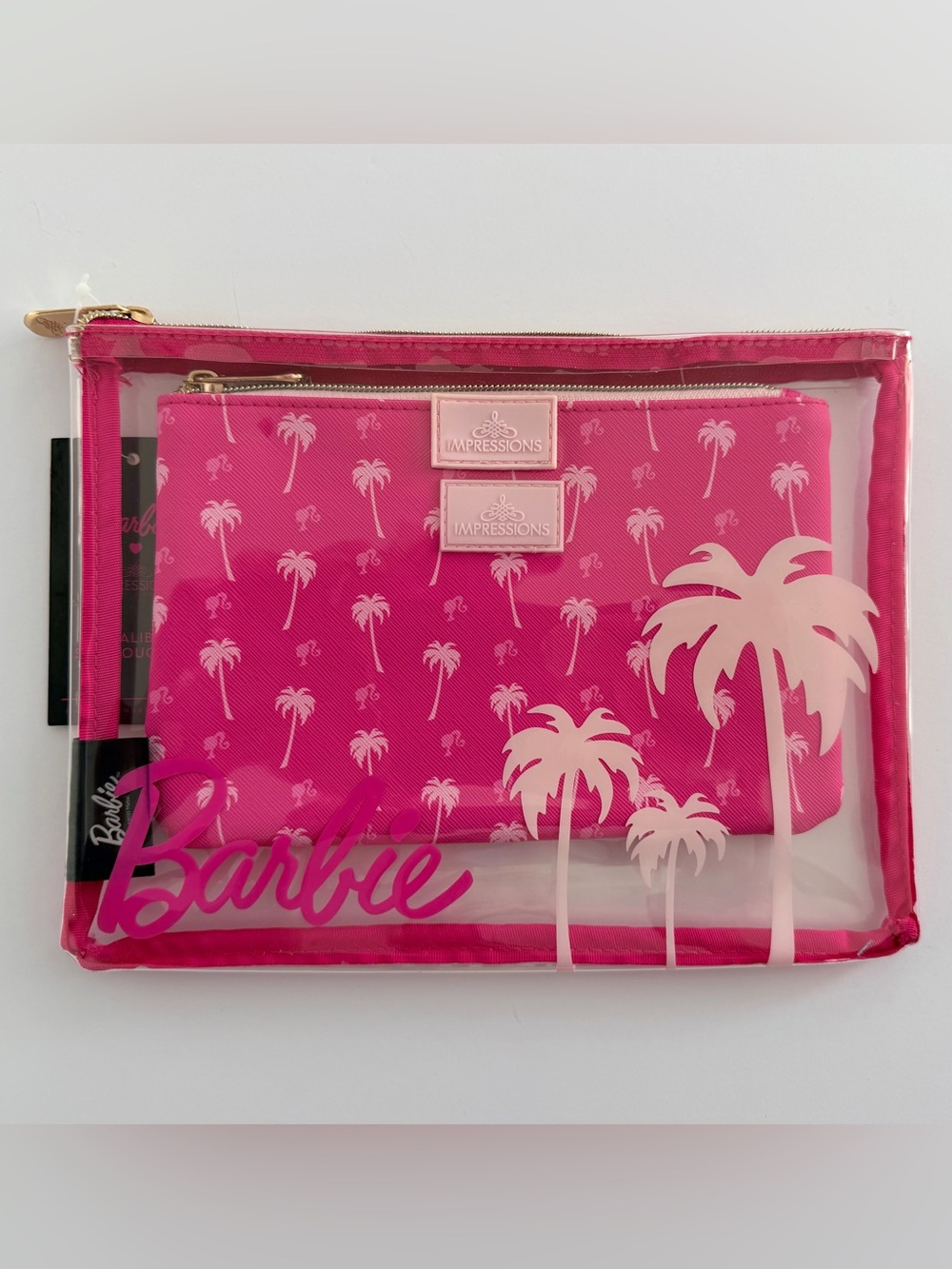 Barbie Impressions Malibu Pink Palm-Print Cosmetic 2pc Pouch Set